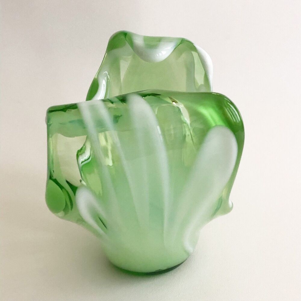 Murano ? Hand Blown Art Glass Milk Green Vessel Console Bowl Wave White Ribbon - Picture 5 of 11
